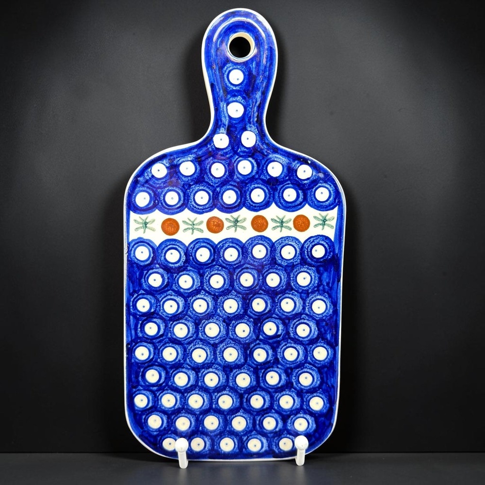 Wiza Poland Hand Made Polish Pottery Cheese Board Blue Peacock Eye 11x5 VTG